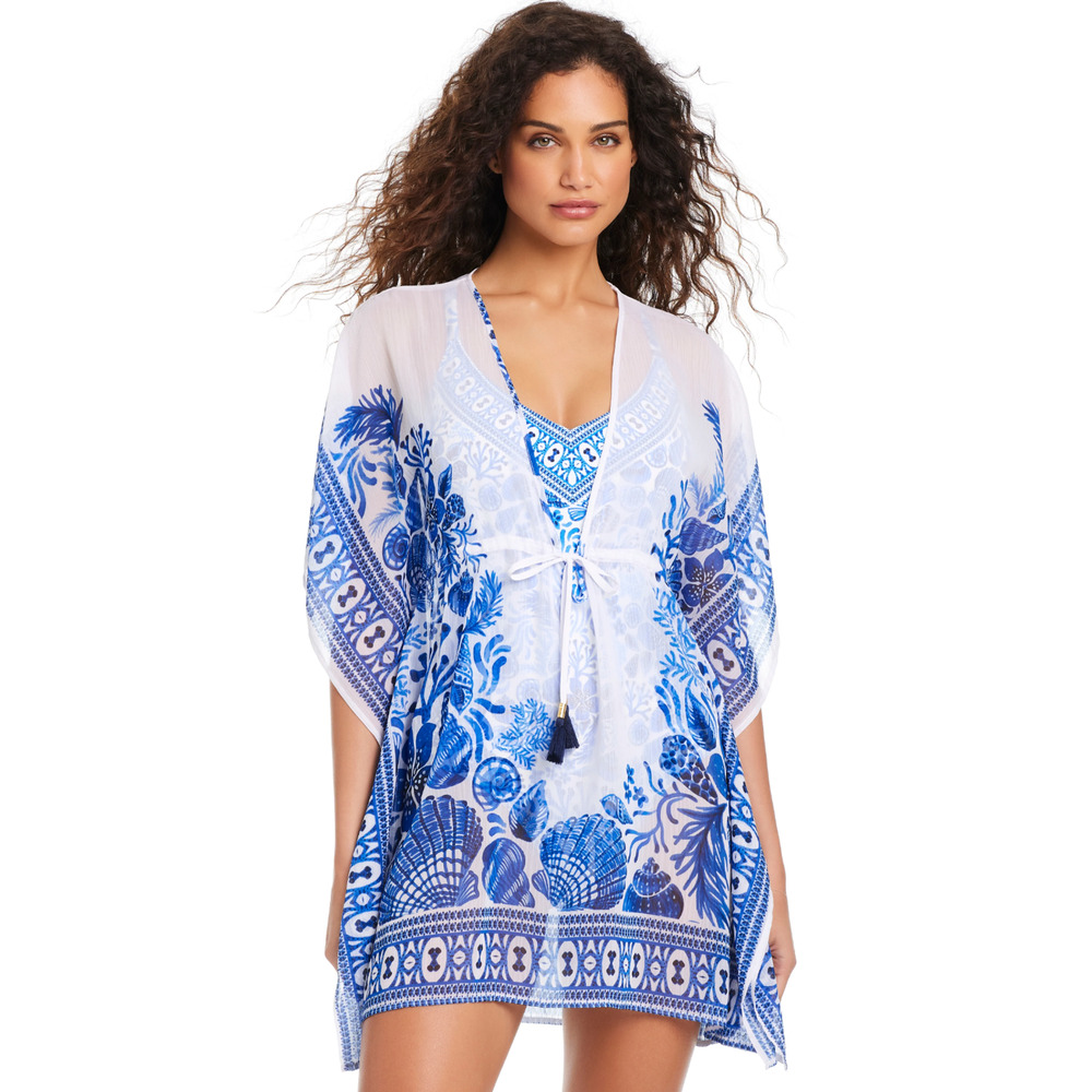 NWT BEYOND CONTROL WHITE BLUE SEA LIFE CHIFFON CAFTAN TOP SWIM COVER UP SZ S